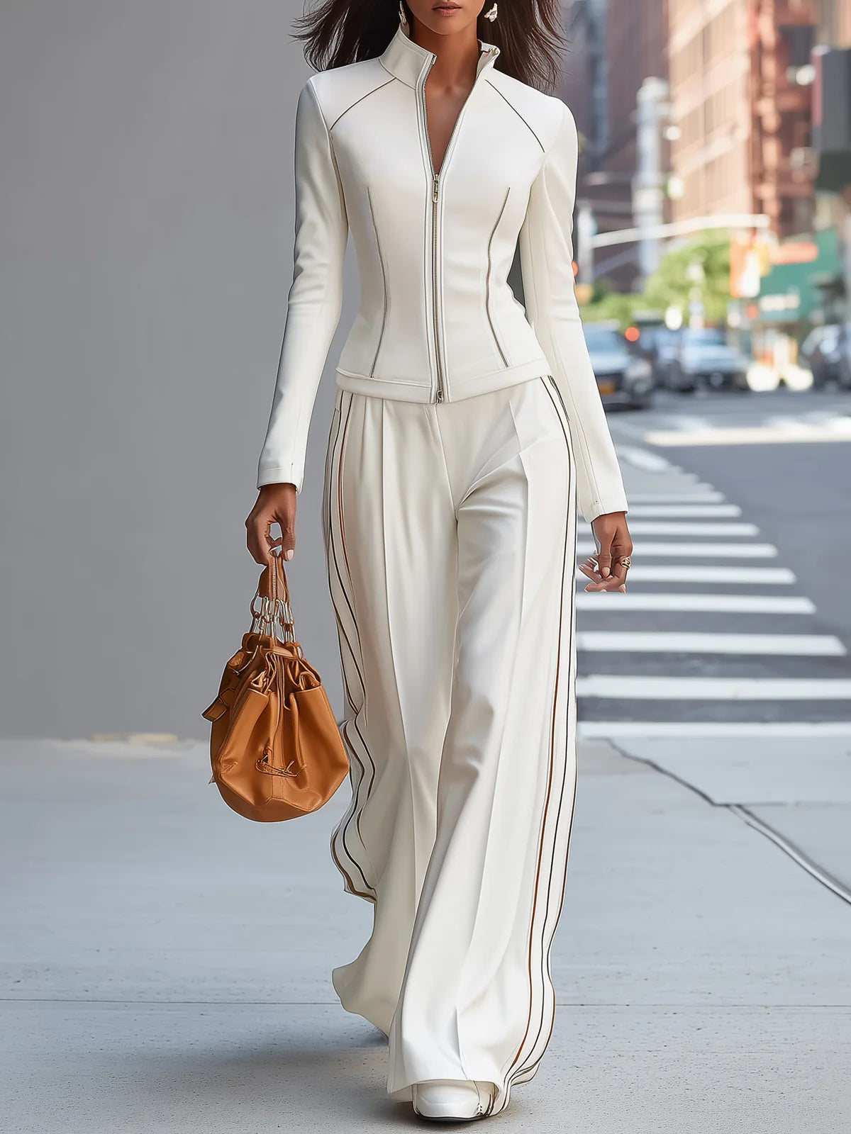 White Zip-Up Wide-Leg Pant Set with Stand-Up Collar