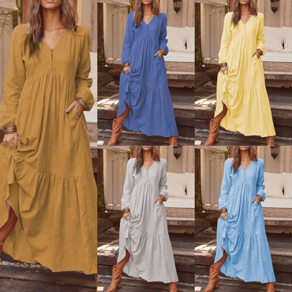 🔥This week's hot sale🔥Retro Cotton and Linen Casual Long-Sleeved Full Skirt Dress