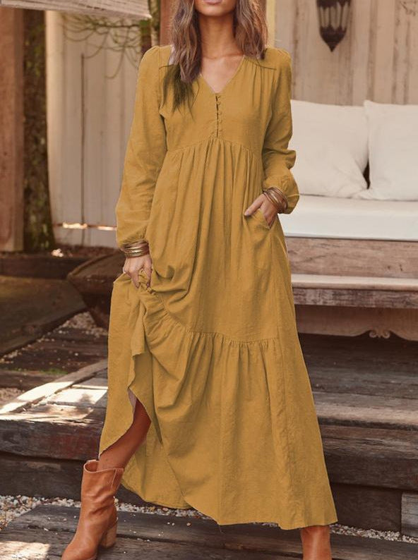 🔥This week's hot sale🔥Retro Cotton and Linen Casual Long-Sleeved Full Skirt Dress