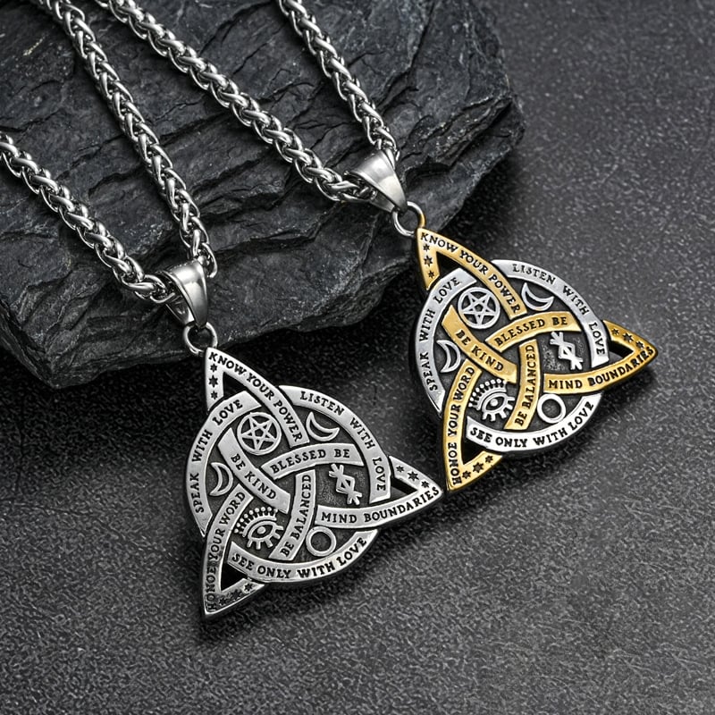 Double Sided Stainless Steel Triple Goddess Celtic Irish Knot Pendant Necklace