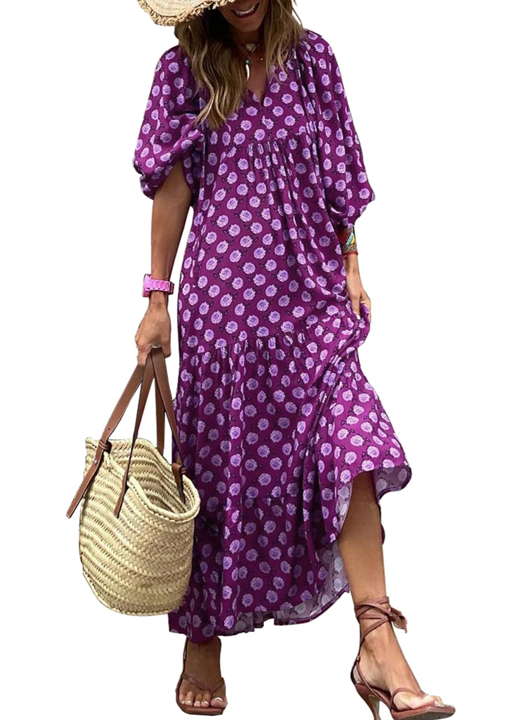 🔥This week's hot sale🔥womens puff sleeve geometric bohemian maxi dresses