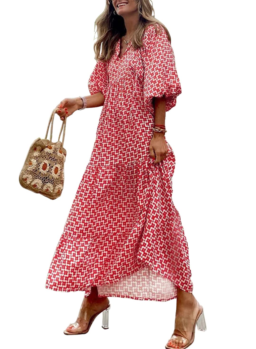 🔥This week's hot sale🔥womens puff sleeve geometric bohemian maxi dresses