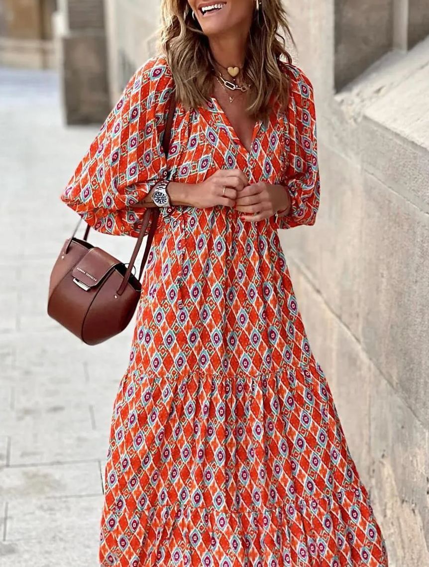 🔥This week's hot sale🔥womens puff sleeve geometric bohemian maxi dresses