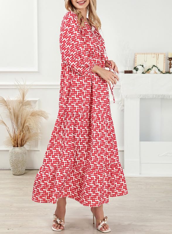 🔥This week's hot sale🔥womens puff sleeve geometric bohemian maxi dresses