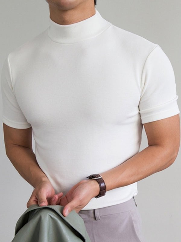 Men's solid color high collar slim fit T-shirt