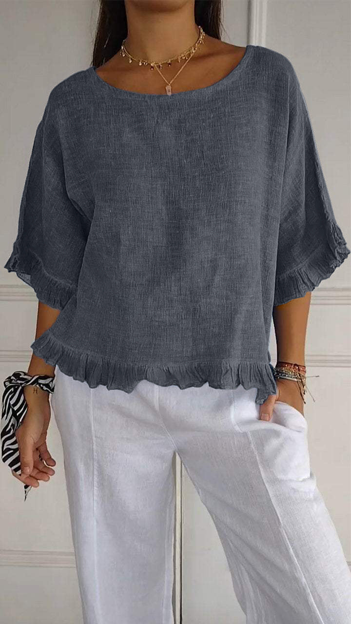 🔥This week's hot sale🔥Round Neck Ruffled Hem Mid-sleeve Cotton and Linen Top
