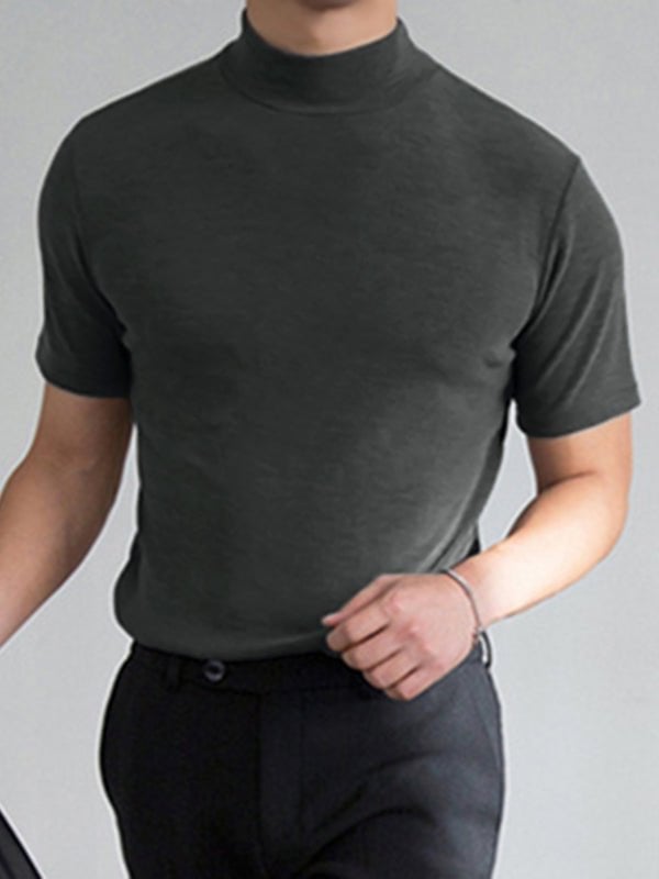 Men's solid color high collar slim fit T-shirt