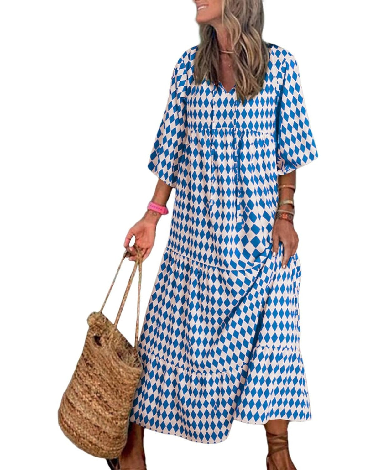 🔥This week's hot sale🔥womens puff sleeve geometric bohemian maxi dresses