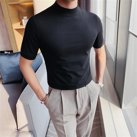 Men's solid color high collar slim fit T-shirt