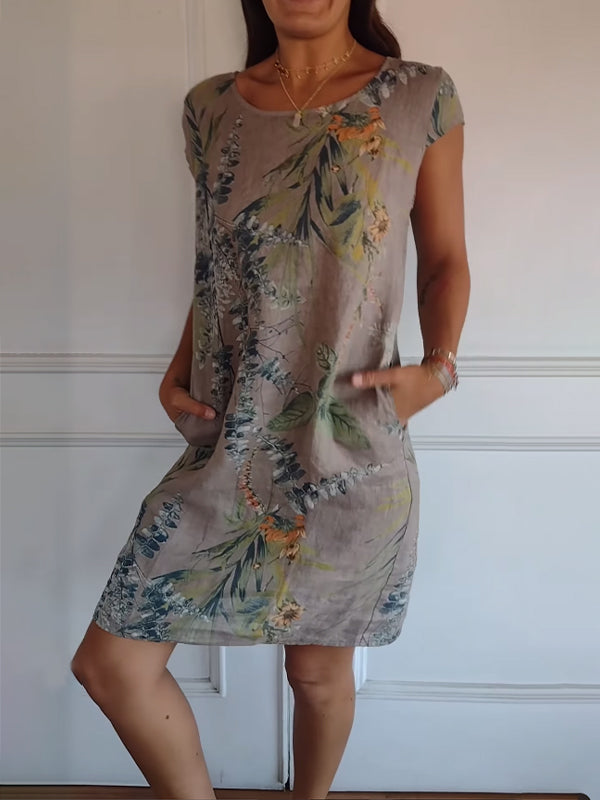 🔥This week's hot sale🔥Women's Cotton & Linen Round Neck Printed Dress