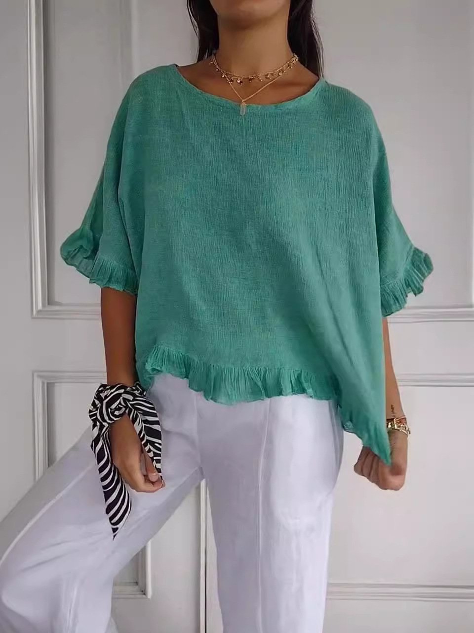 🔥This week's hot sale🔥Round Neck Ruffled Hem Mid-sleeve Cotton and Linen Top