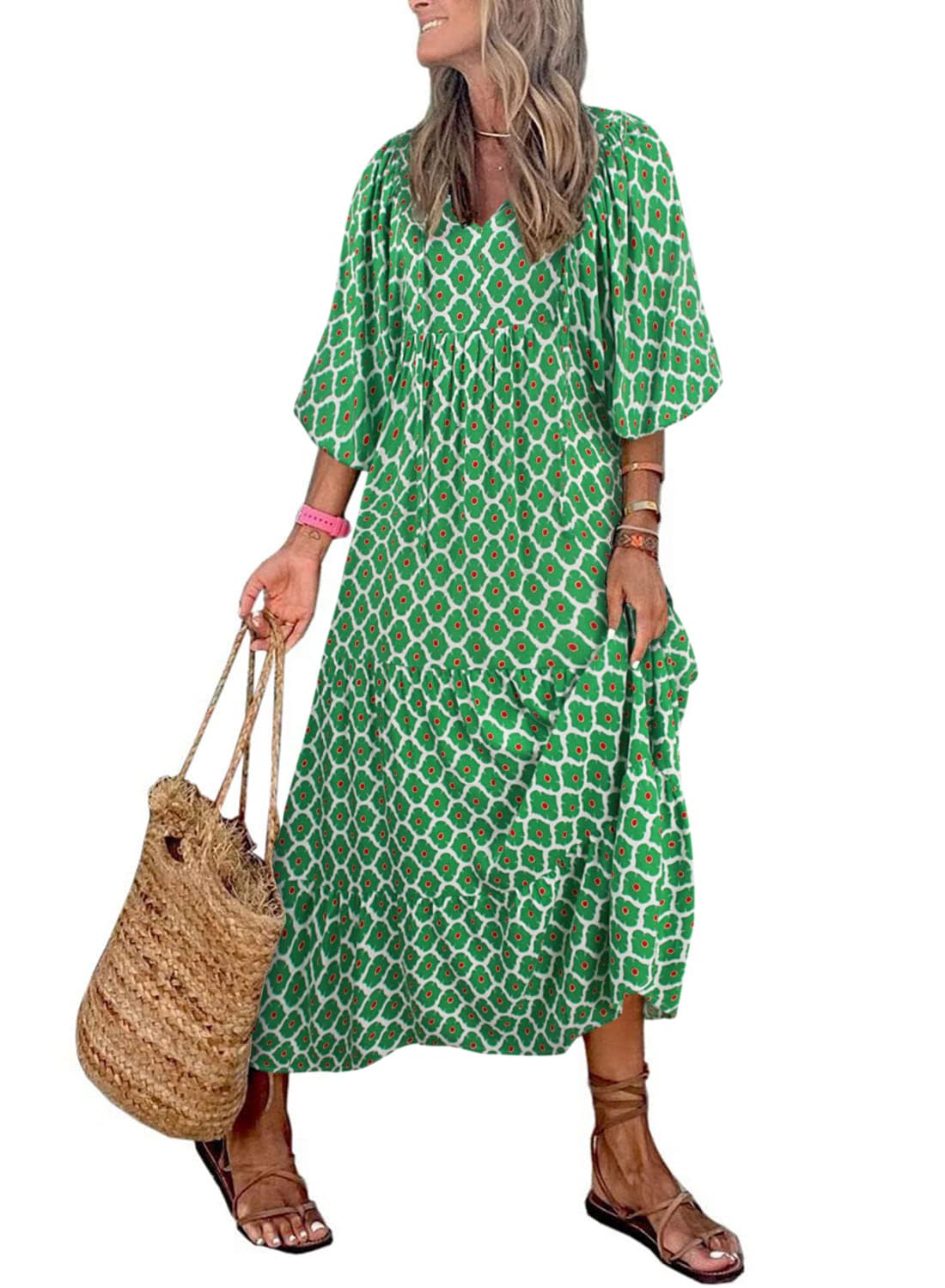 🔥This week's hot sale🔥womens puff sleeve geometric bohemian maxi dresses