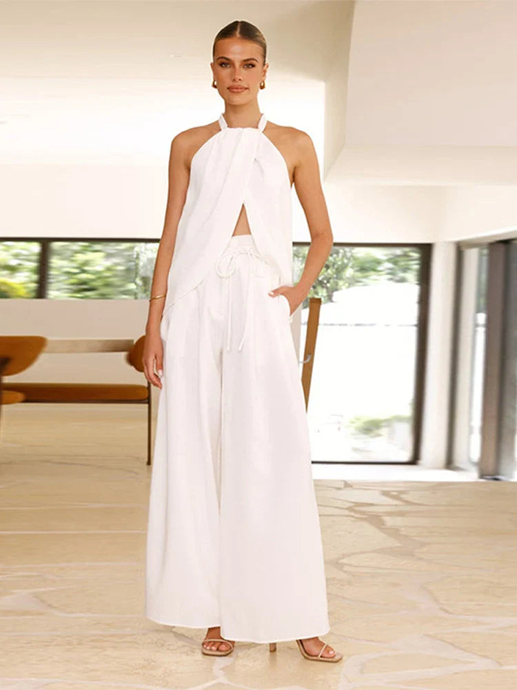 🔥This week's hot sale🔥Hanging neck slit top and wide-leg pants set