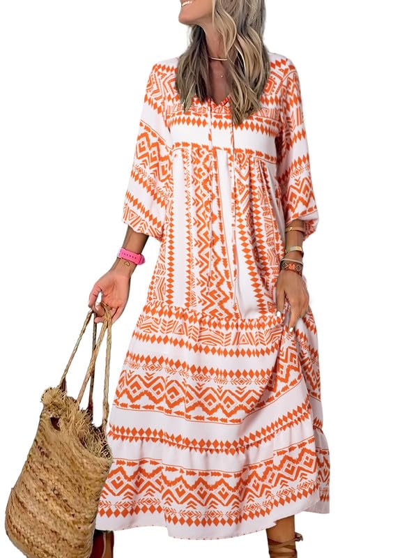 🔥This week's hot sale🔥womens puff sleeve geometric bohemian maxi dresses