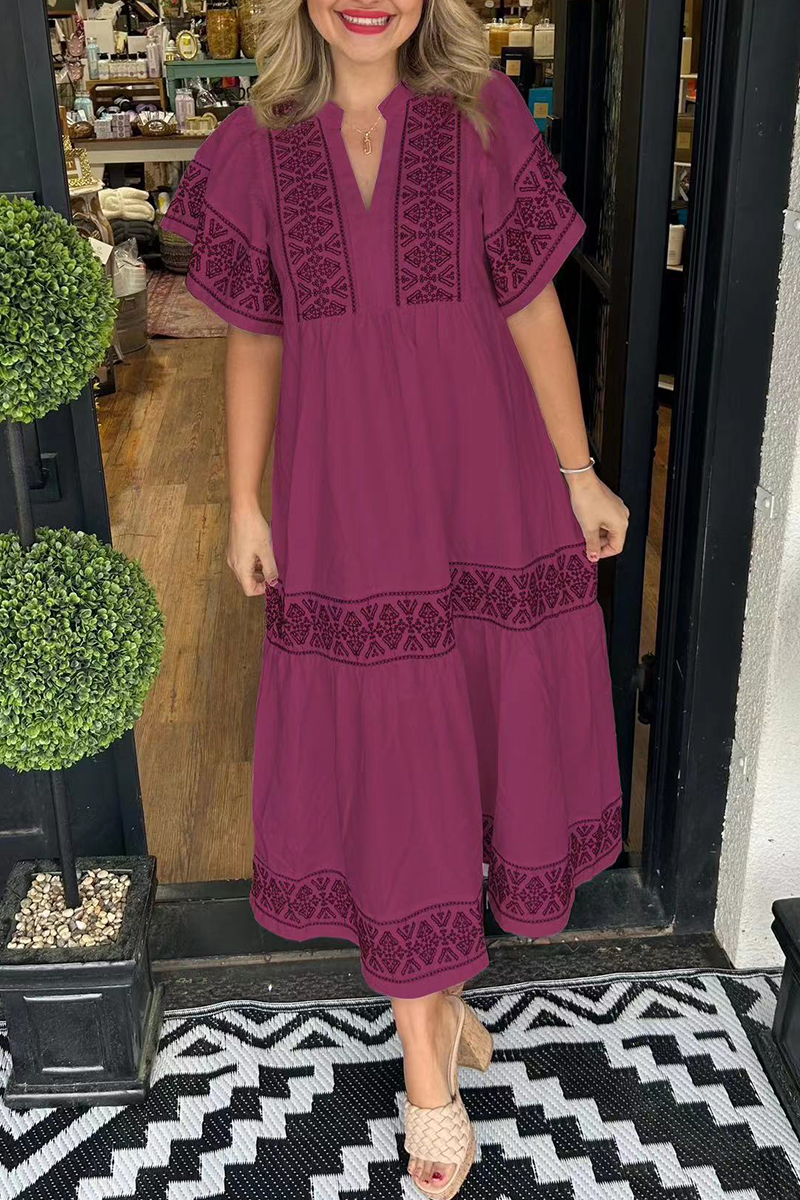 🔥This week's hot sale🔥Geometric print patchwork V-neck A-line short-sleeved dress