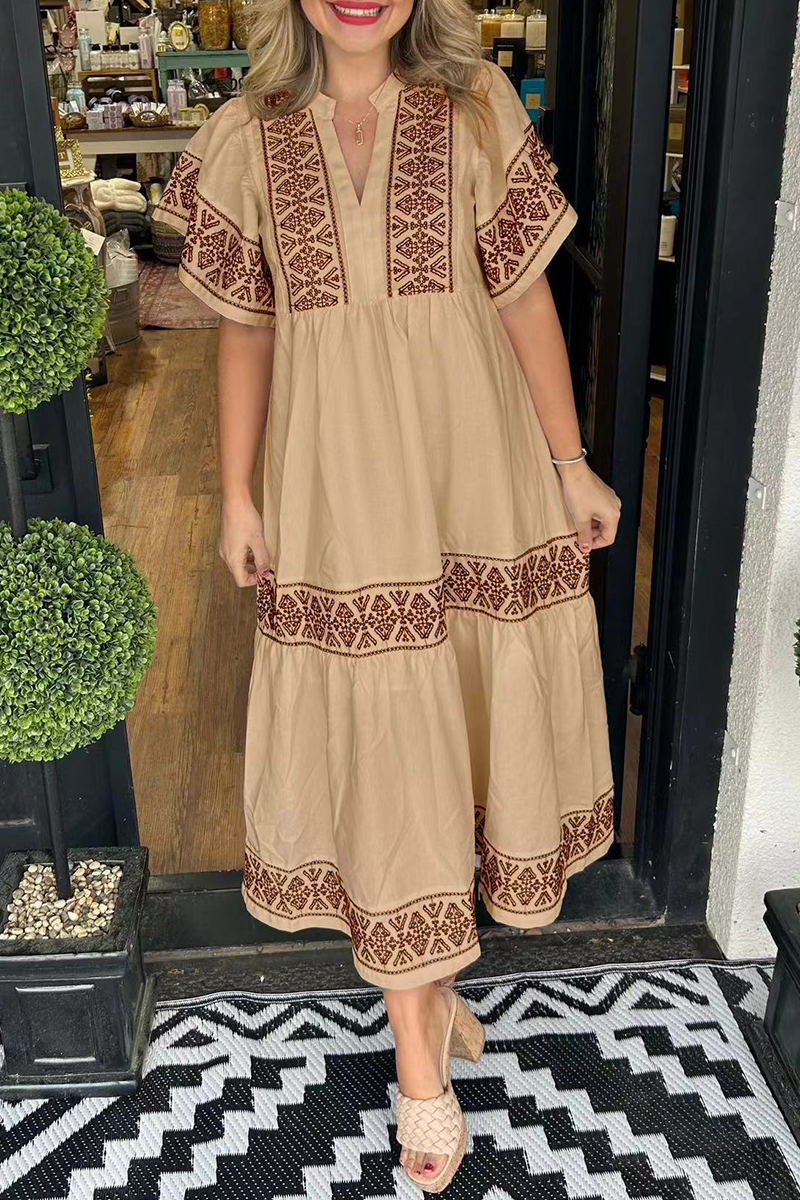 🔥This week's hot sale🔥Geometric print patchwork V-neck A-line short-sleeved dress