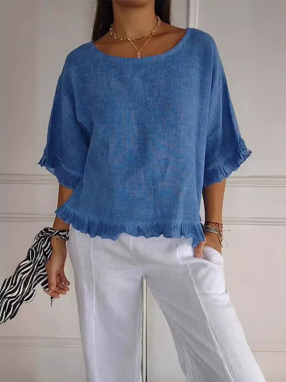 🔥This week's hot sale🔥Round Neck Ruffled Hem Mid-sleeve Cotton and Linen Top