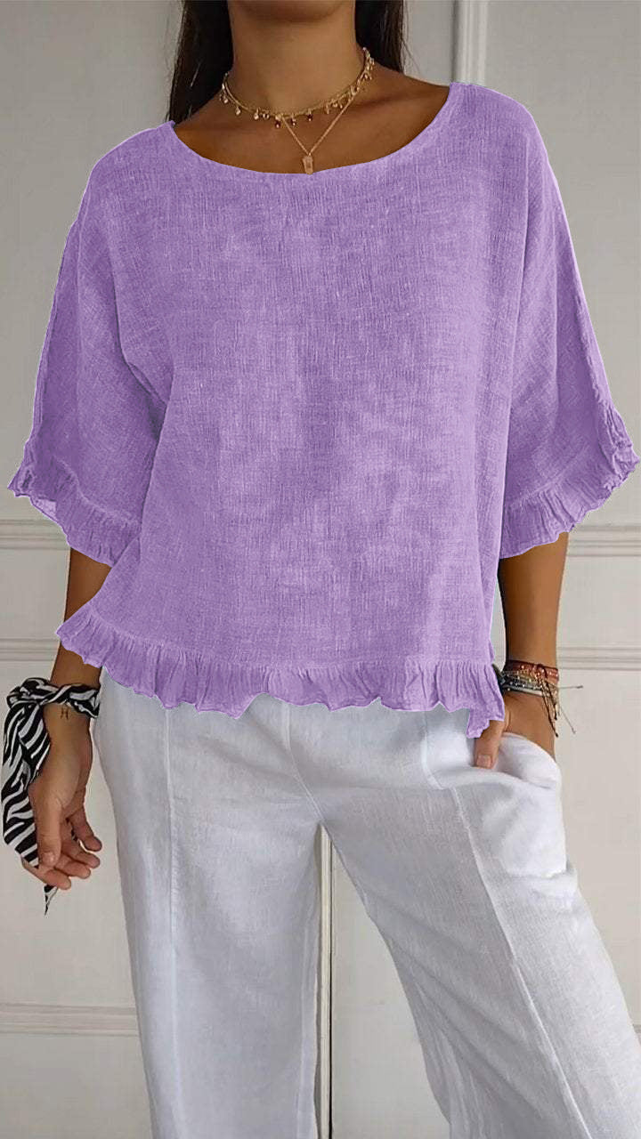🔥This week's hot sale🔥Round Neck Ruffled Hem Mid-sleeve Cotton and Linen Top