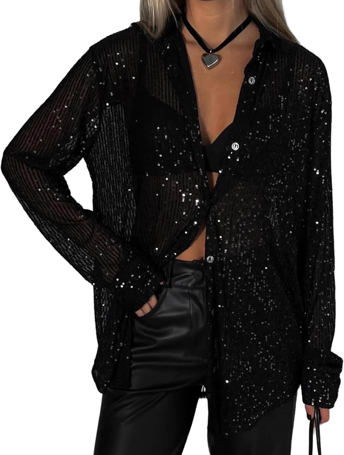 🔥This week's hot sale🔥Fashion Sequin Lapel Long Sleeve Loose Shirt