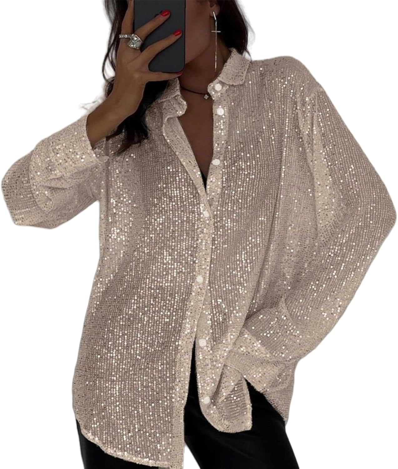 🔥This week's hot sale🔥Fashion Sequin Lapel Long Sleeve Loose Shirt