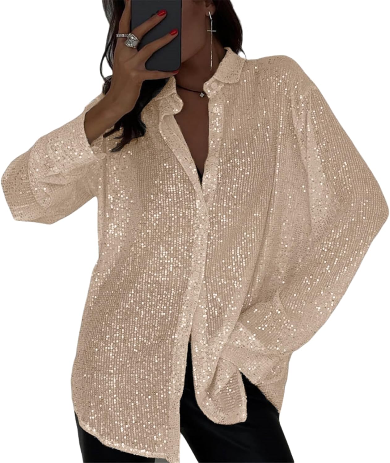 🔥This week's hot sale🔥Fashion Sequin Lapel Long Sleeve Loose Shirt