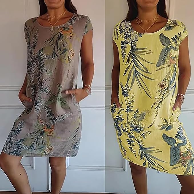 🔥This week's hot sale🔥Women's Cotton & Linen Round Neck Printed Dress