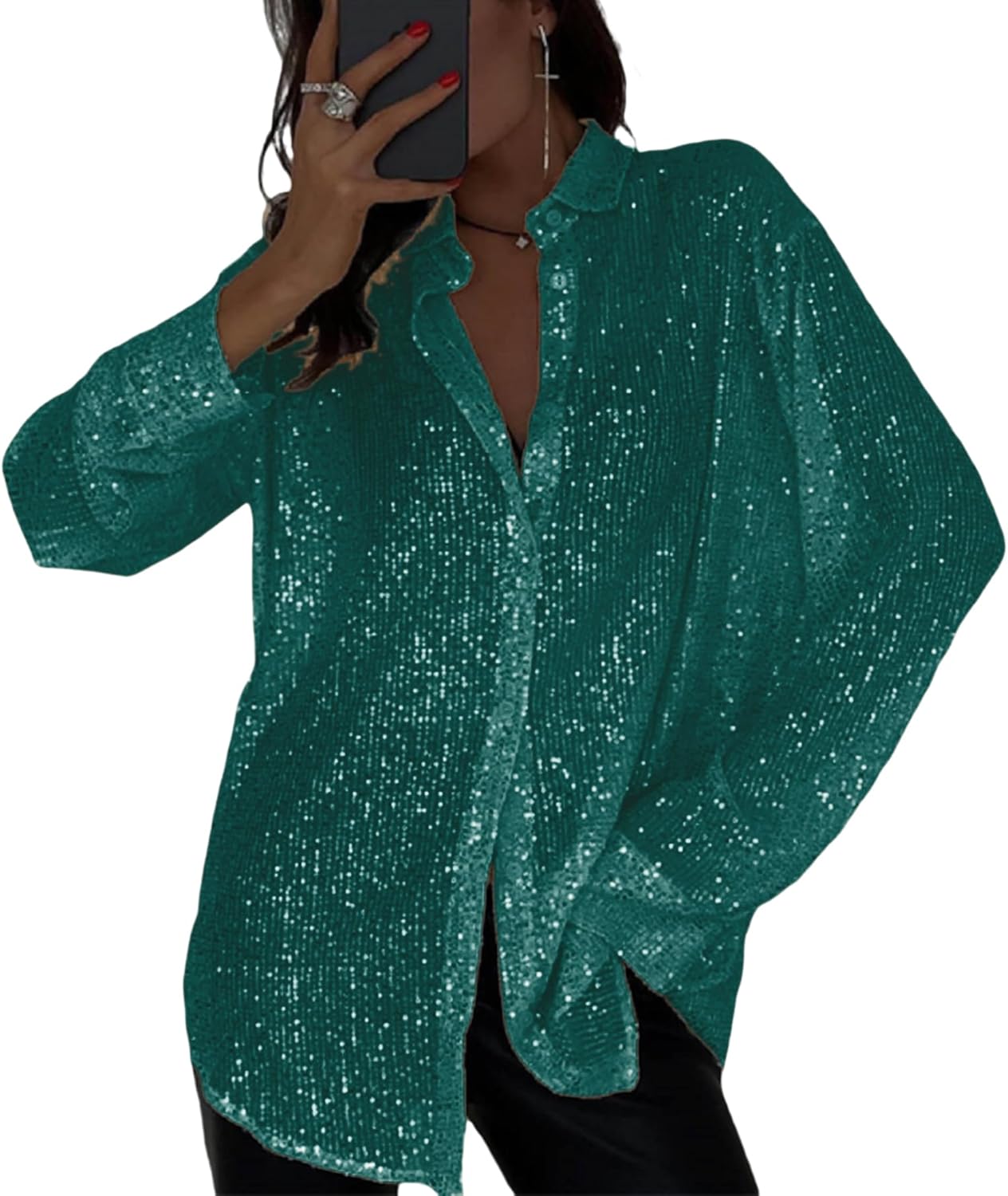 🔥This week's hot sale🔥Fashion Sequin Lapel Long Sleeve Loose Shirt