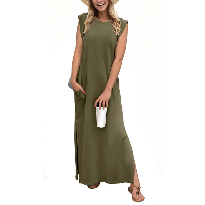 Women Casual Loose Fit Split Hem Wrinkle-Free Long Maxi Dress