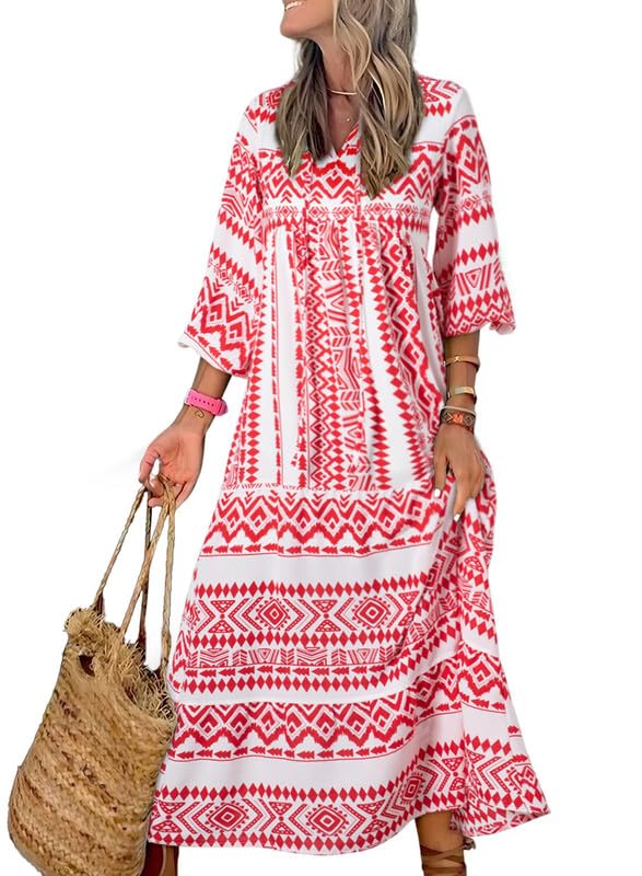 🔥This week's hot sale🔥womens puff sleeve geometric bohemian maxi dresses