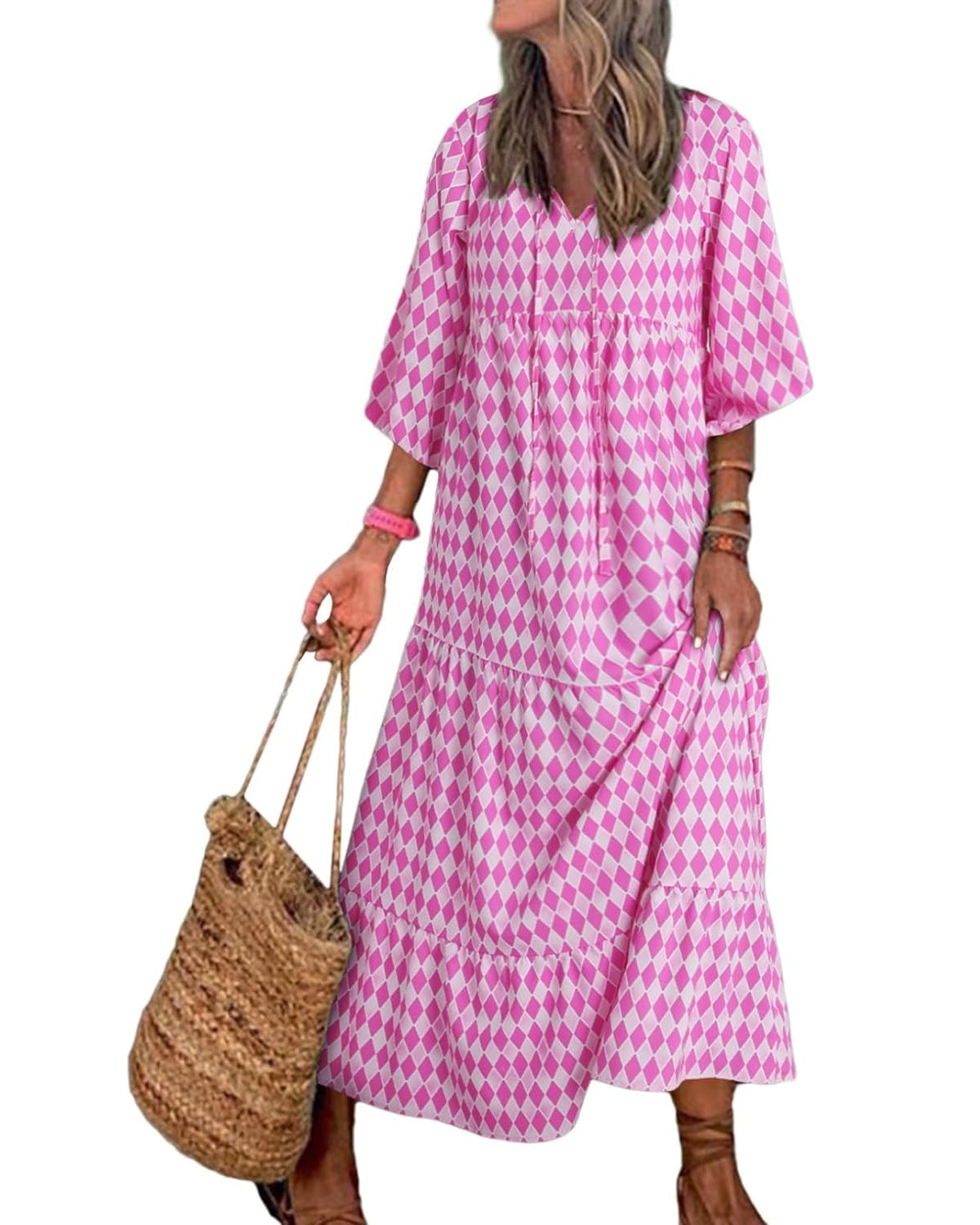 🔥This week's hot sale🔥womens puff sleeve geometric bohemian maxi dresses