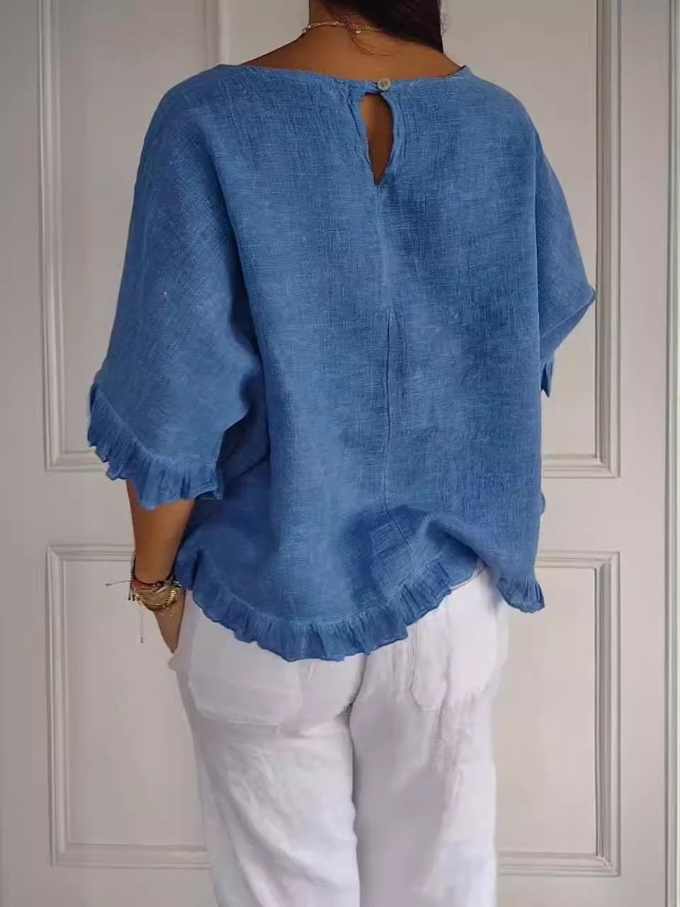 🔥This week's hot sale🔥Round Neck Ruffled Hem Mid-sleeve Cotton and Linen Top