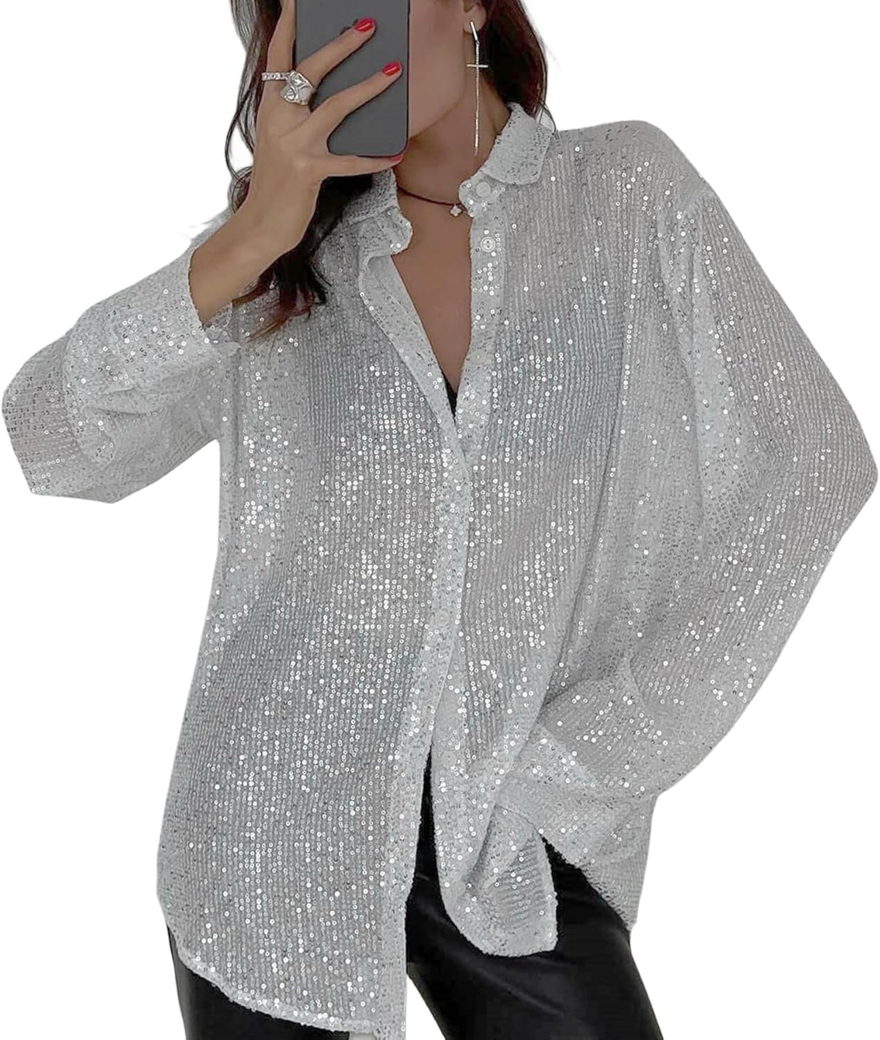 🔥This week's hot sale🔥Fashion Sequin Lapel Long Sleeve Loose Shirt