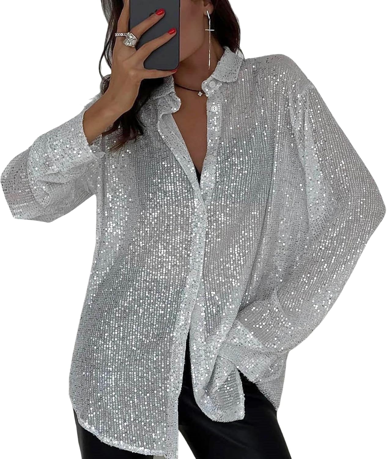 🔥This week's hot sale🔥Fashion Sequin Lapel Long Sleeve Loose Shirt