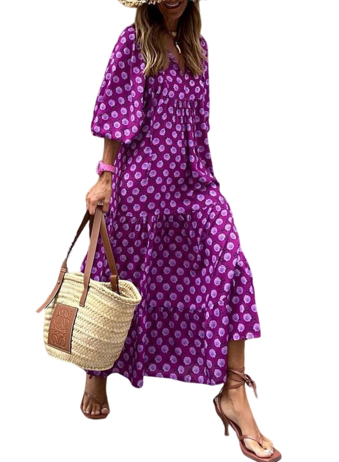 🔥This week's hot sale🔥womens puff sleeve geometric bohemian maxi dresses