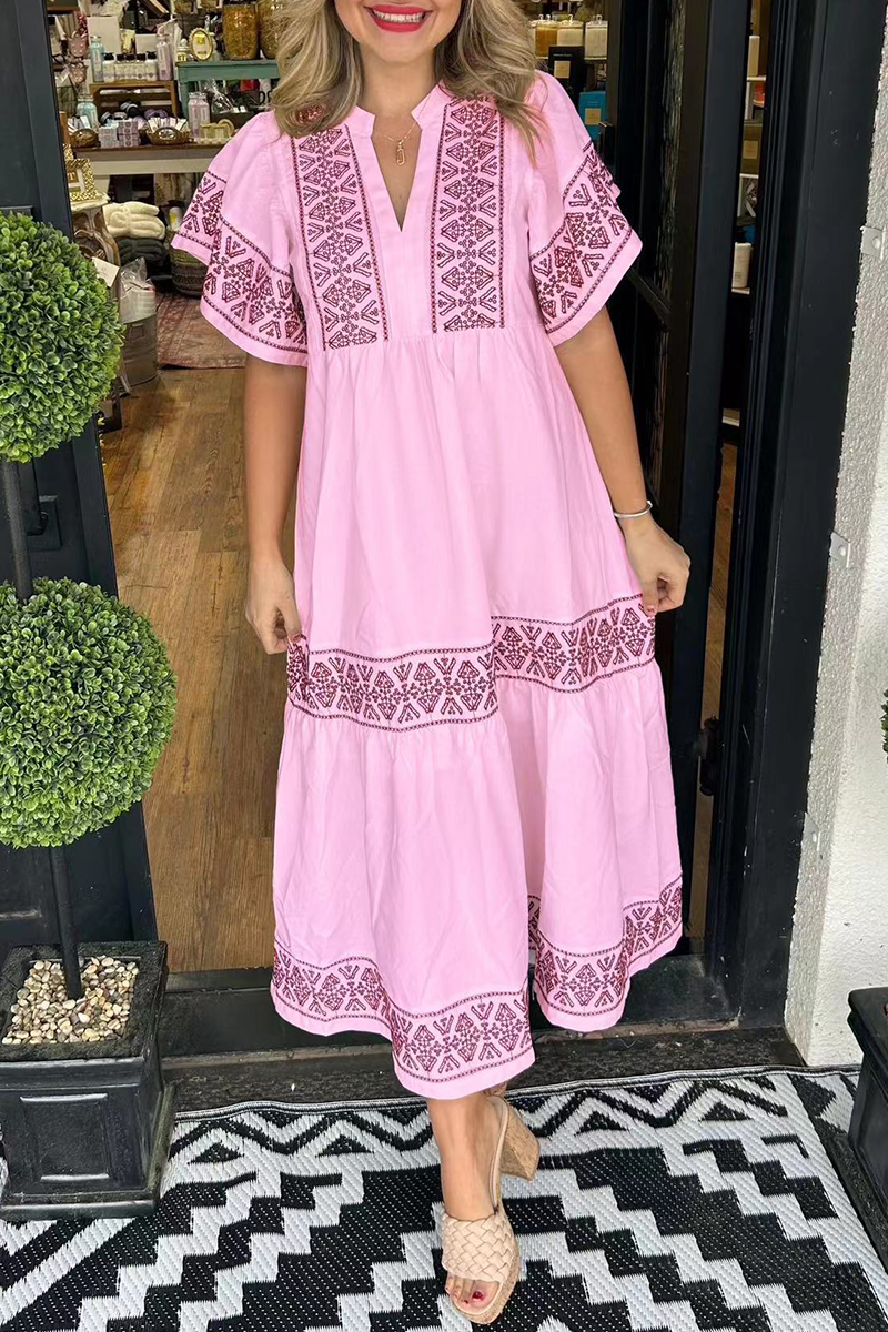 🔥This week's hot sale🔥Geometric print patchwork V-neck A-line short-sleeved dress