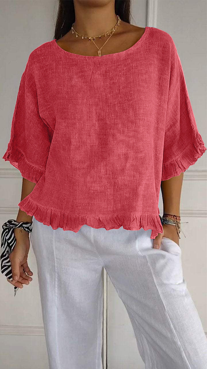 🔥This week's hot sale🔥Round Neck Ruffled Hem Mid-sleeve Cotton and Linen Top