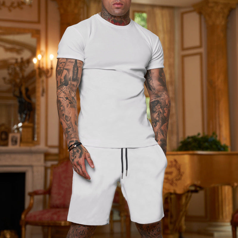 Men's summer solid color cotton round neck short sleeve shorts suit