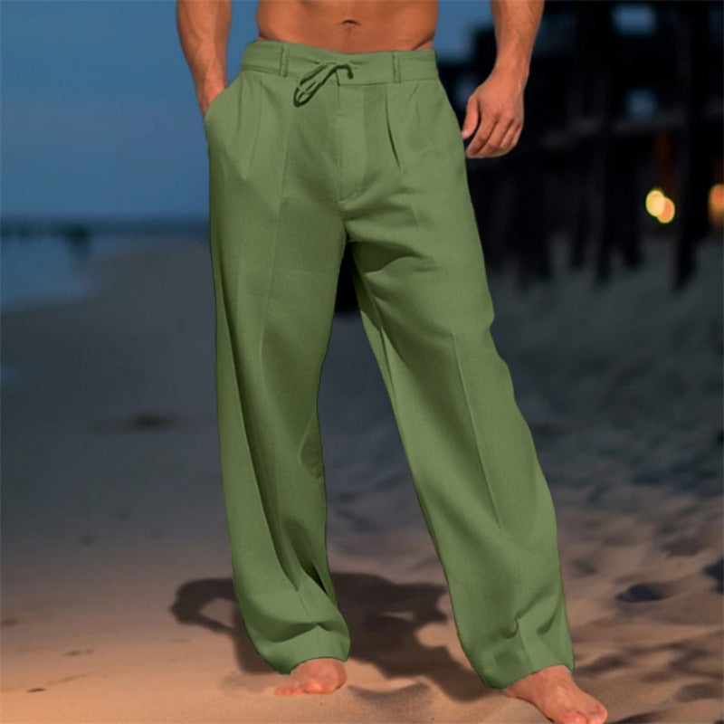 Men's solid color casual linen beach pants
