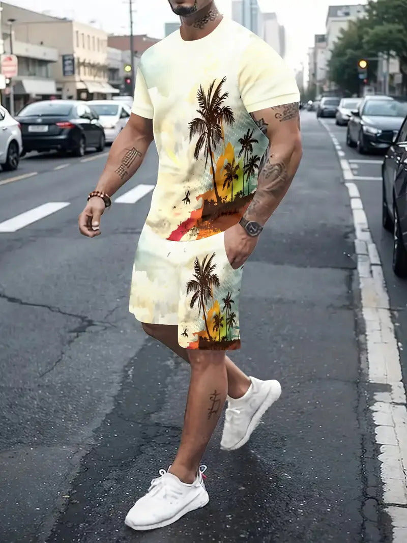 Men's Casual Tropical Print T-Shirt and Shorts Set
