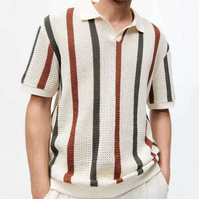 Men's hollow striped contrast color business T-shirt