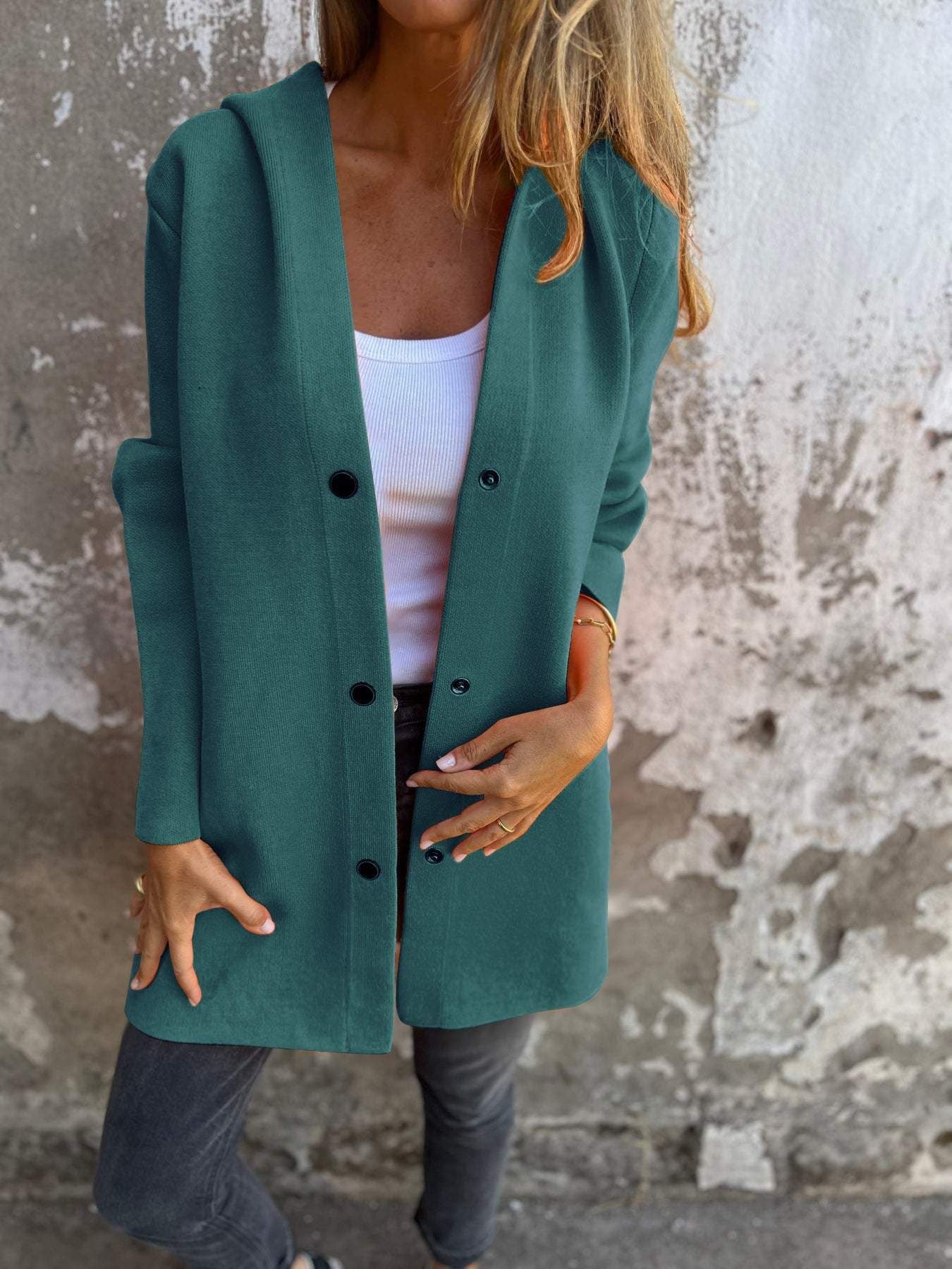 🔥This week's hot sale🔥Women's solid color casual single-breasted hooded jacket