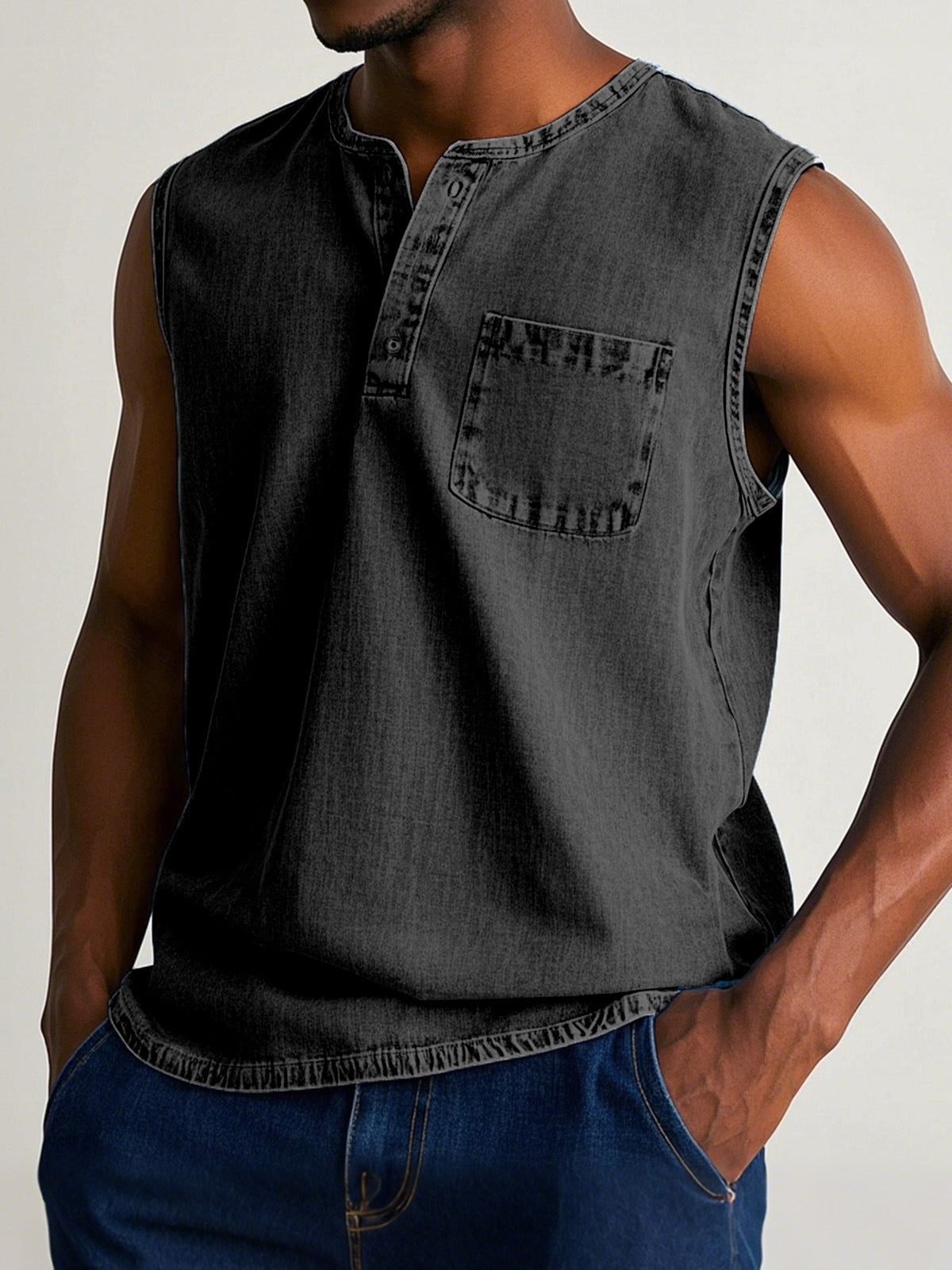Men's solid color three-button sleeveless T-shirt