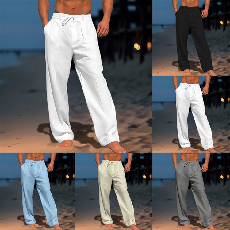 Men's solid color casual linen beach pants