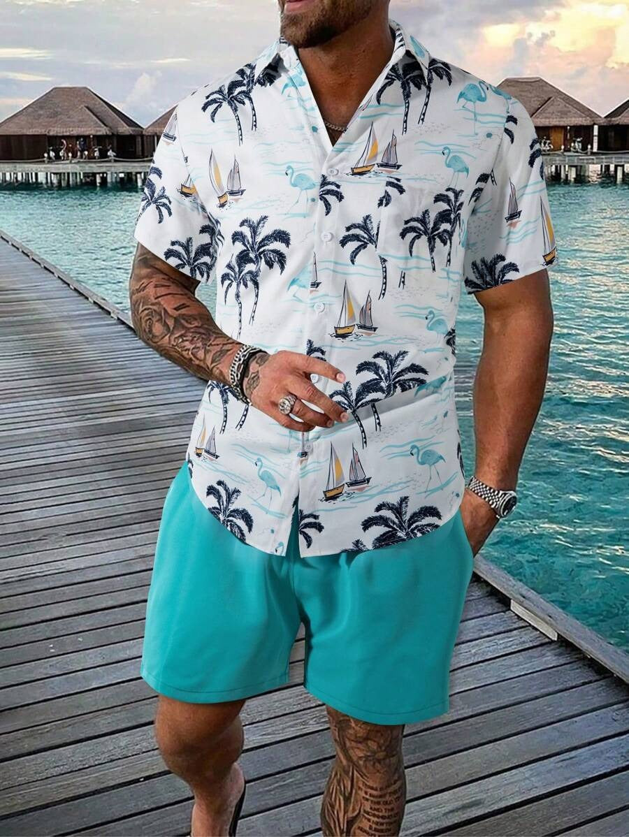 Men's Coconut Tree Print Beach Travel Shirt Shorts Set