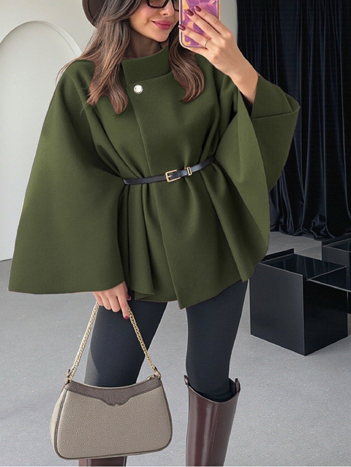 🔥This week's hot sale🔥Elegant Solid Color Belted Wool Cape Jacket