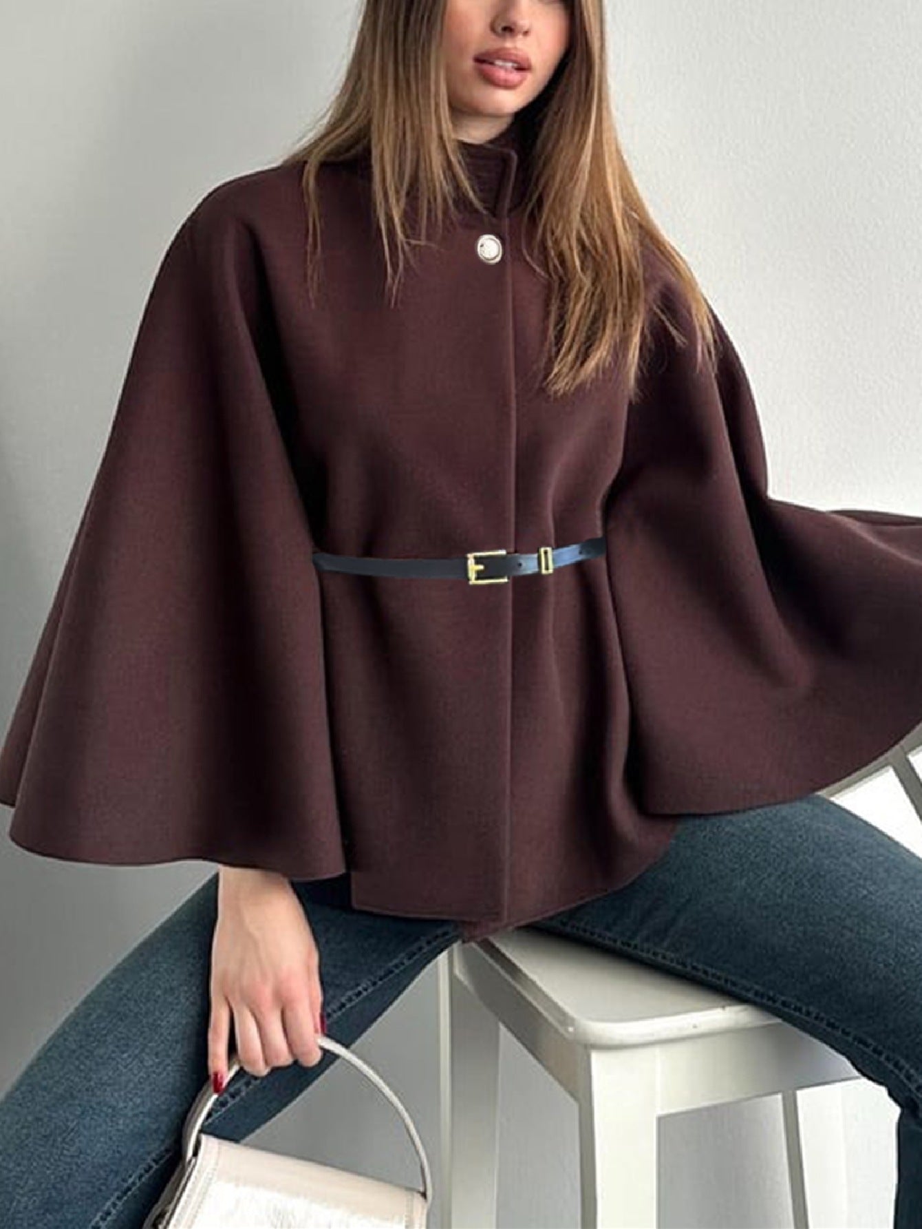 🔥This week's hot sale🔥Elegant Solid Color Belted Wool Cape Jacket