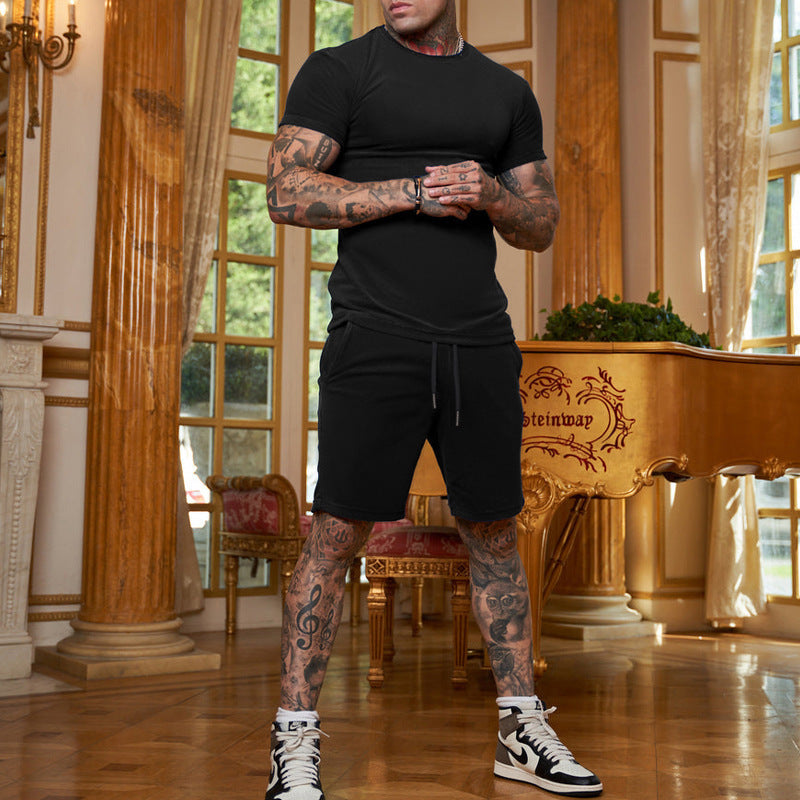 Men's summer solid color cotton round neck short sleeve shorts suit