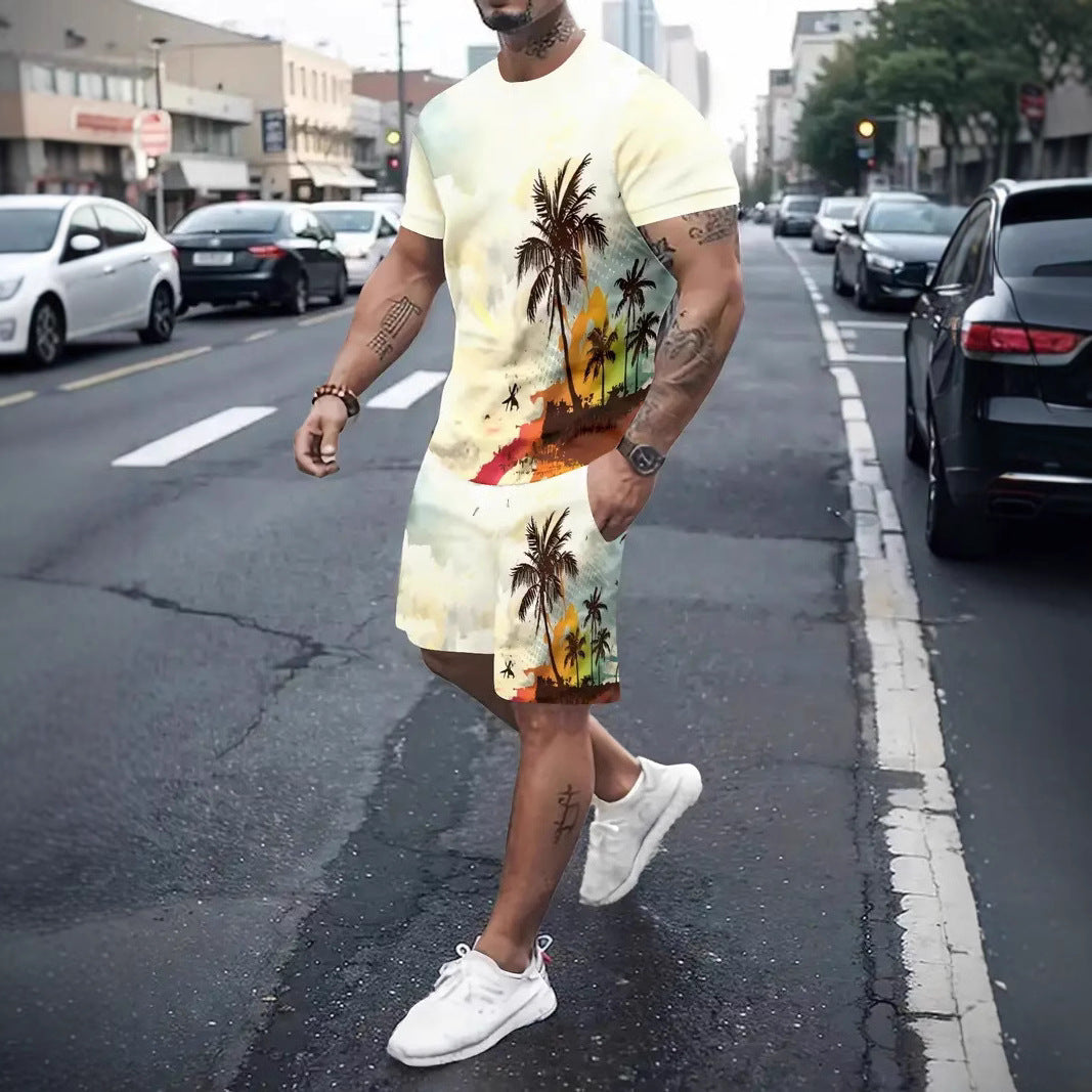 Men's Casual Tropical Print T-Shirt and Shorts Set