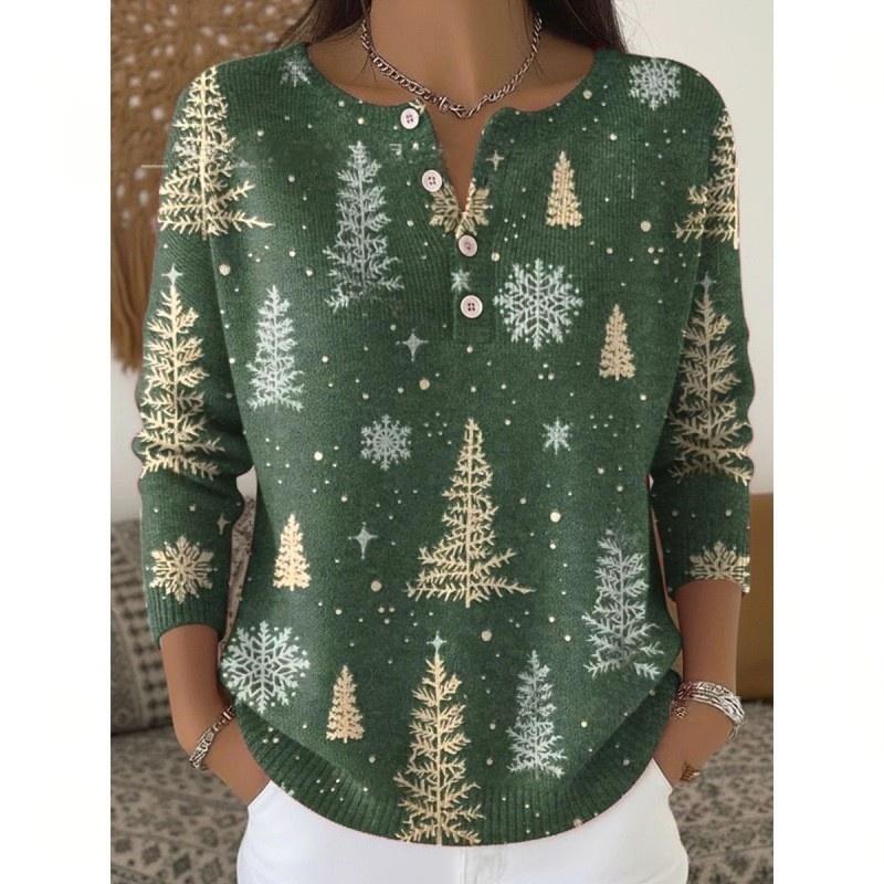 🔥This week's hot sale🔥Buttoned Christmas Tree Print Sweatshirt