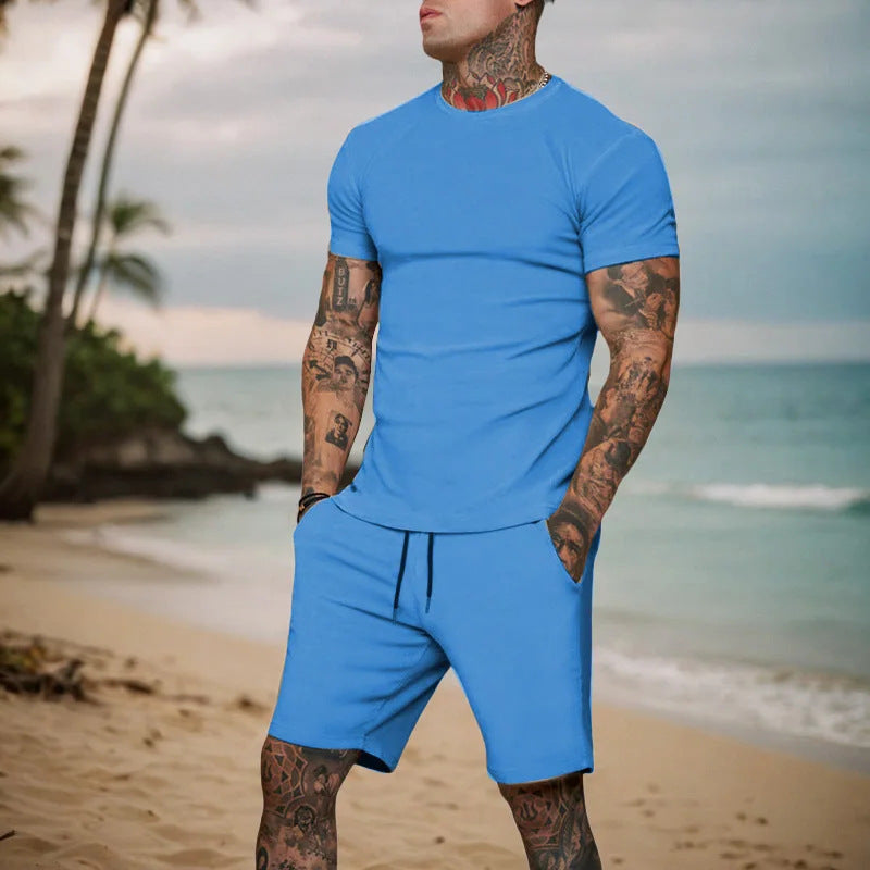 Men's summer solid color cotton round neck short sleeve shorts suit